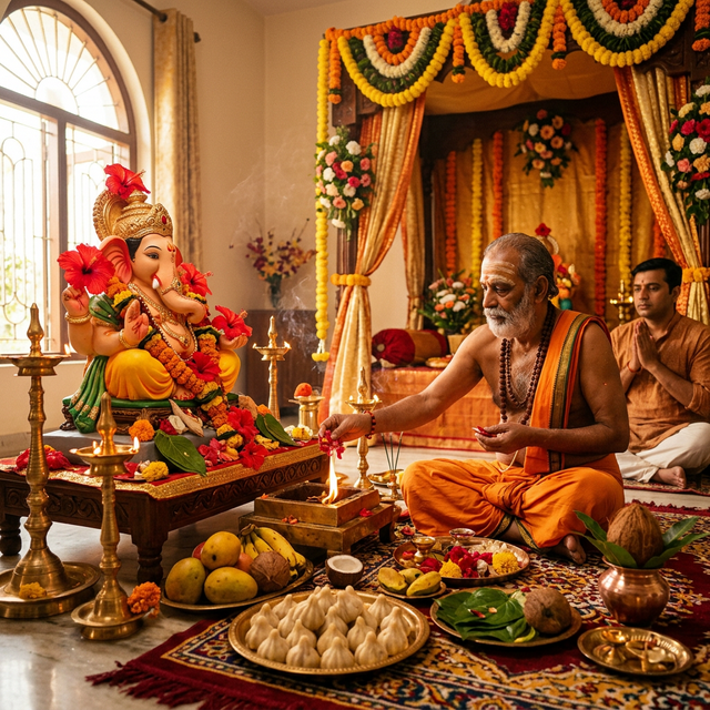 Ganesh Puja setup with Pandit performing Ganapati Homam in Mumbai