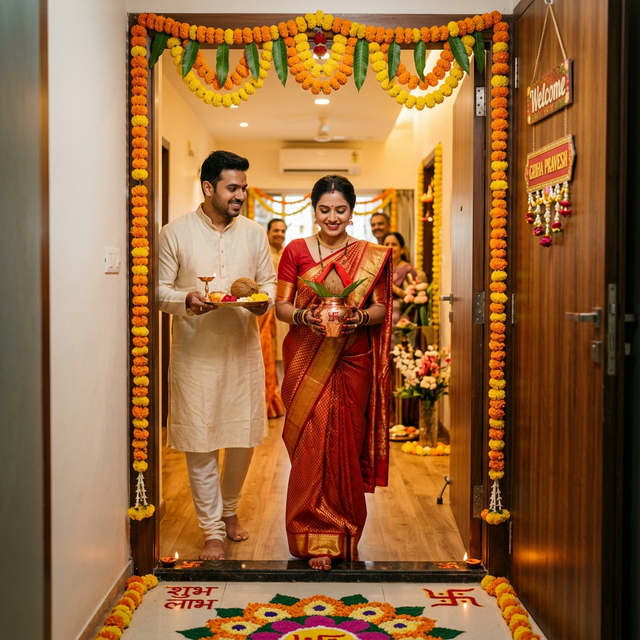 Griha Pravesh Puja setup with Pandit performing house warming rituals in Mumbai